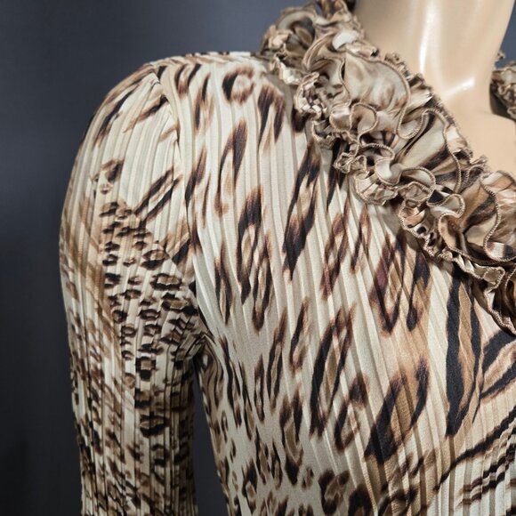 Y2K Animal Print Ruffled Chiffon Babydoll Tunic Top Mini Dress Size M Beige - Picture 6 of 12
